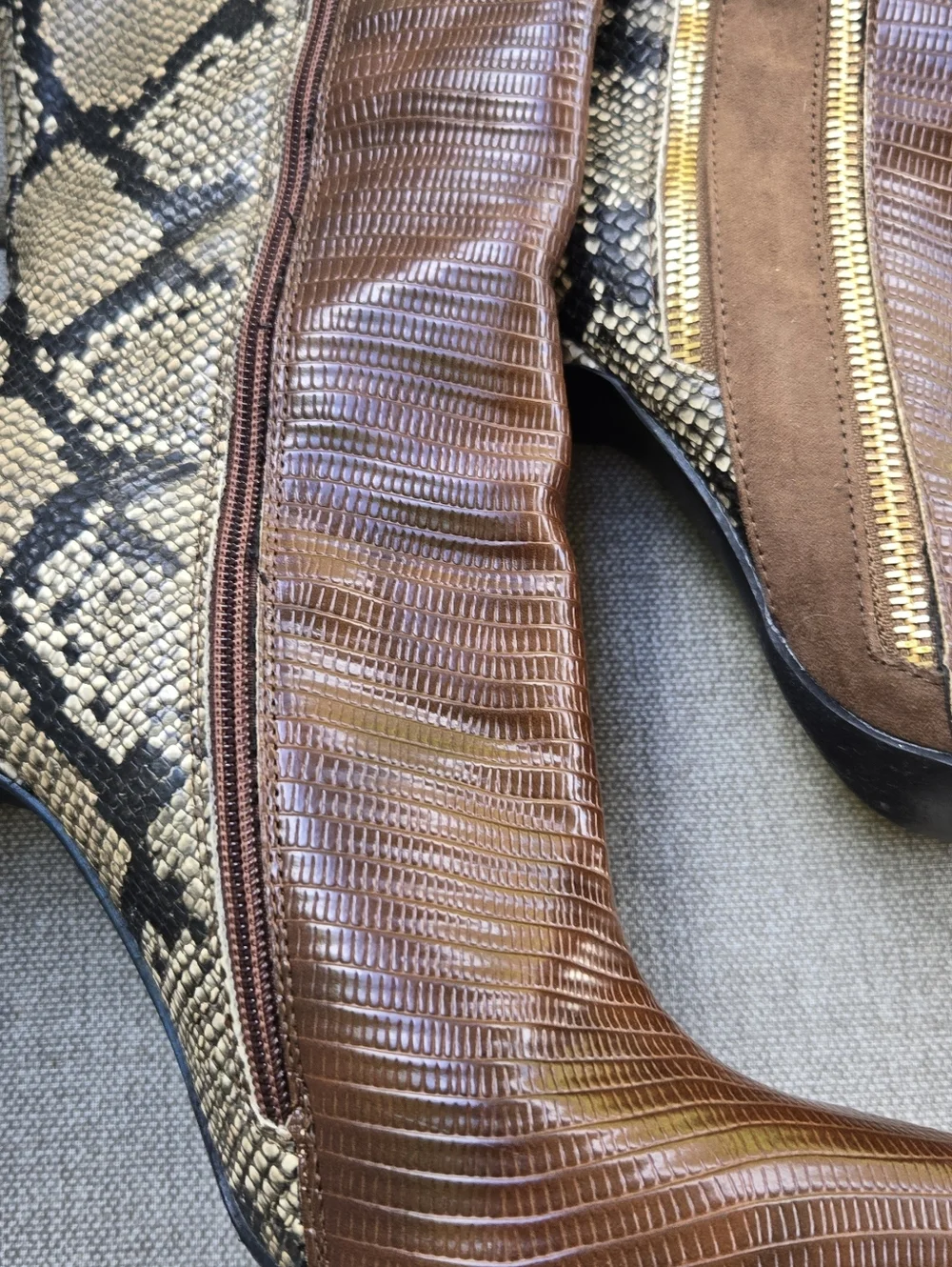 Shoe Dazzle Kioni Brown Snakeskin-Print Knee Boots with Gold Zip